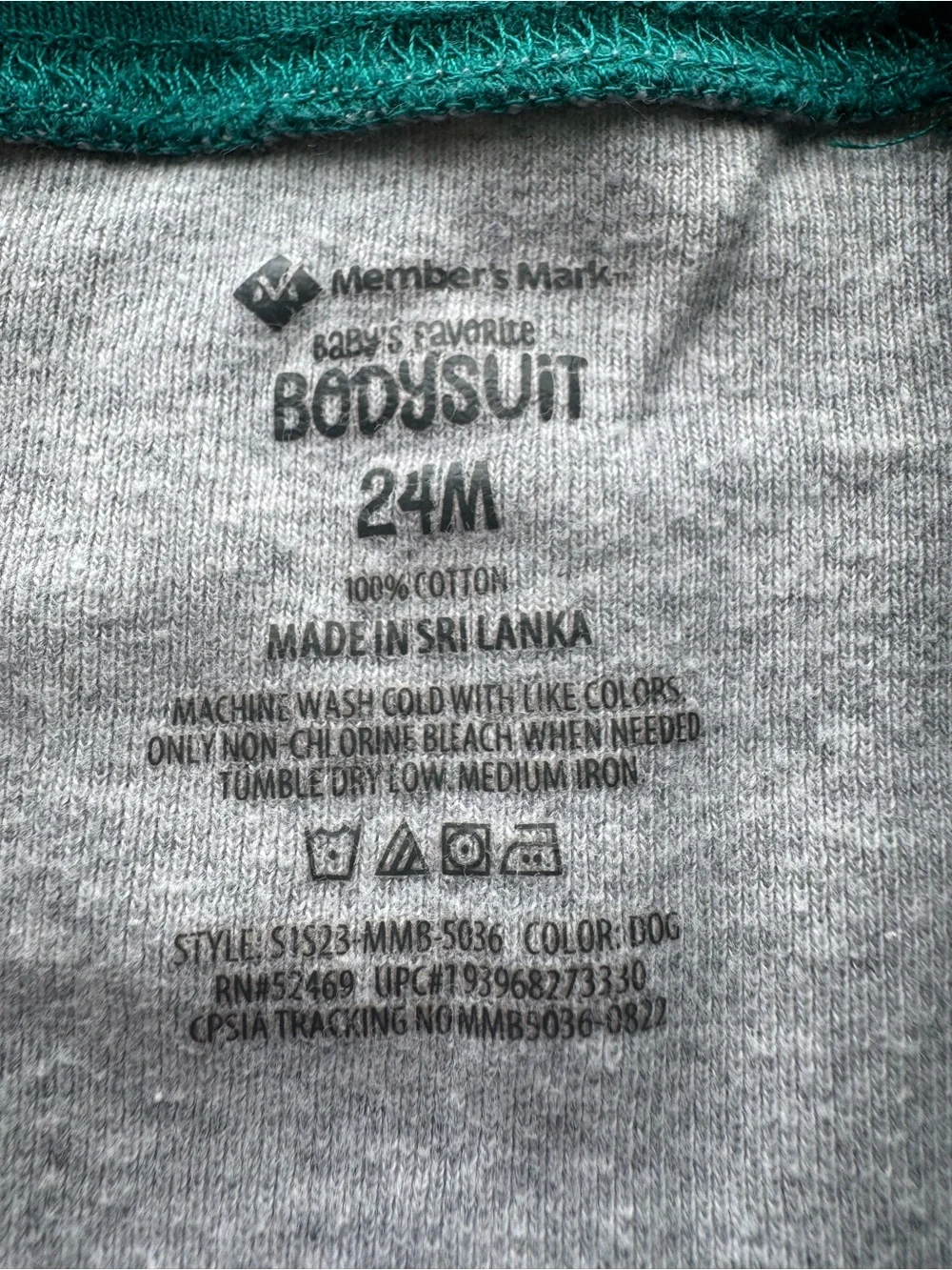 Member’s Mark Baby’s Favorite Raglan Bodysuit Gray Teal 24M 100% Cotton
